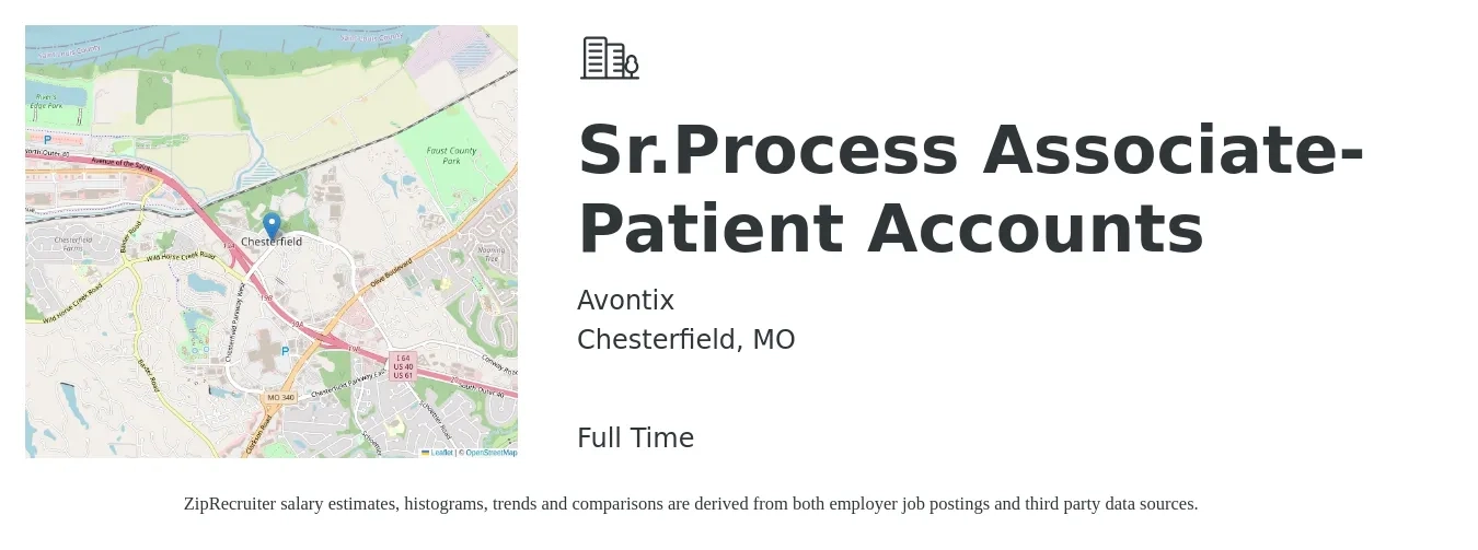 Avontix job posting for a Sr.Process Associate-Patient Accounts in Chesterfield, MO with a salary of $17 to $21 Hourly with a map of Chesterfield location.