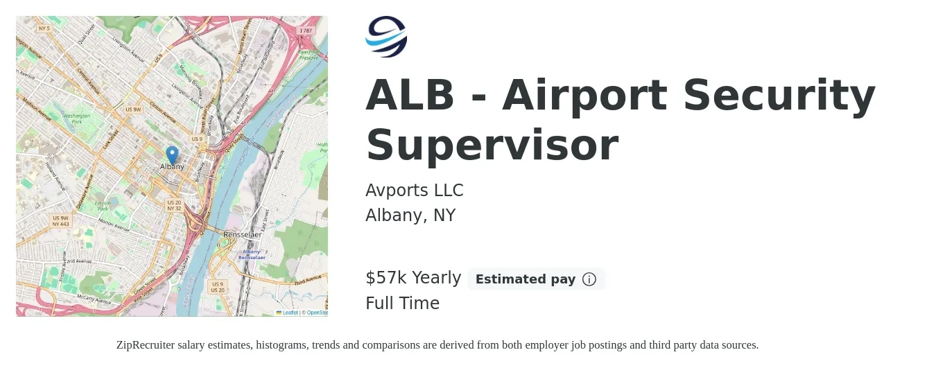 Avports LLC job posting for a ALB - Airport Security Supervisor in Albany, NY with a salary of $57,000 Yearly with a map of Albany location.