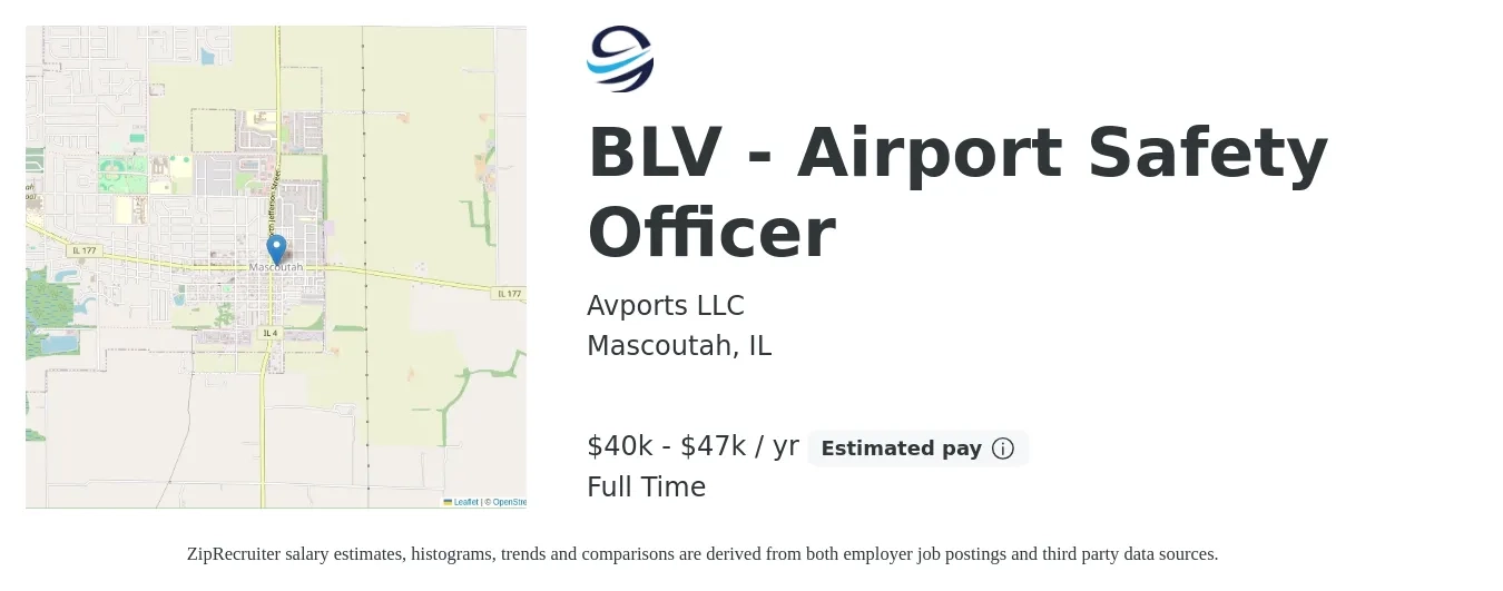 Avports LLC job posting for a BLV - Airport Safety Officer in Mascoutah, IL with a salary of $47,840 Yearly with a map of Mascoutah location.