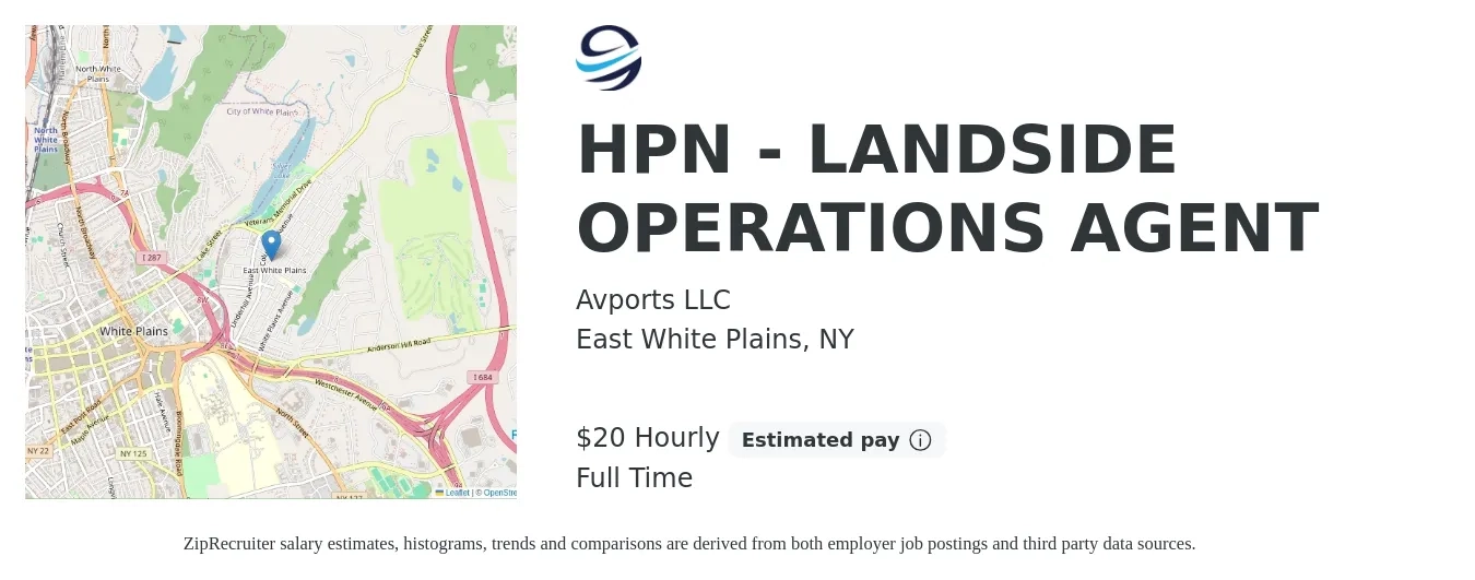 Avports LLC job posting for a HPN - LANDSIDE OPERATIONS AGENT in East White Plains, NY with a salary of $21 Hourly with a map of East White Plains location.