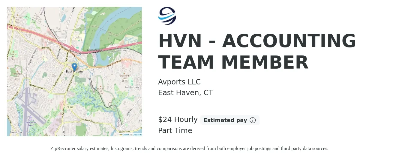 Avports LLC job posting for a HVN - ACCOUNTING TEAM MEMBER in East Haven, CT with a salary of $25 Hourly with a map of East Haven location.