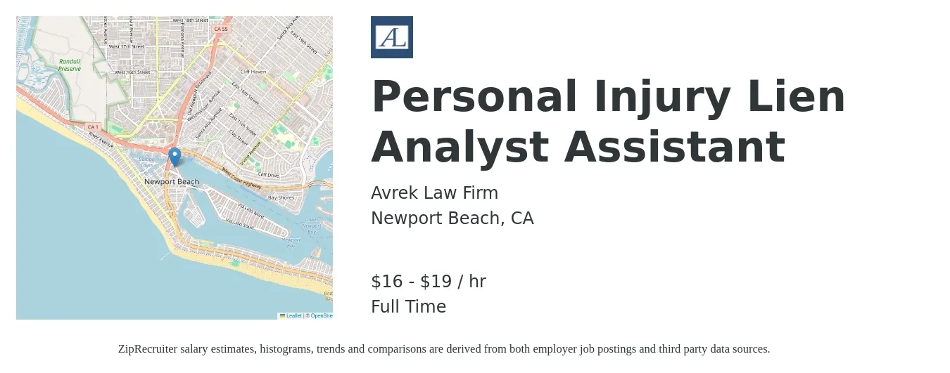 Avrek Law Firm job posting for a Personal Injury Lien Analyst Assistant in Newport Beach, CA with a salary of $17 to $20 Hourly with a map of Newport Beach location.