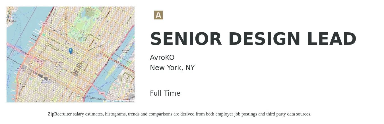 AvroKO job posting for a SENIOR DESIGN LEAD in New York, NY with a salary of $85,300 to $161,900 Yearly with a map of New York location.