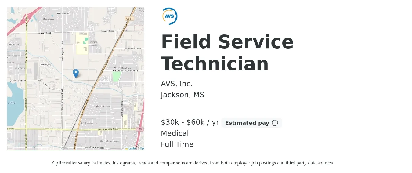 AVS, Inc. job posting for a Field Service Technician in Jackson, MS with a salary of $30,000 to $60,000 Yearly and benefits including medical, pto, and retirement with a map of Jackson location.