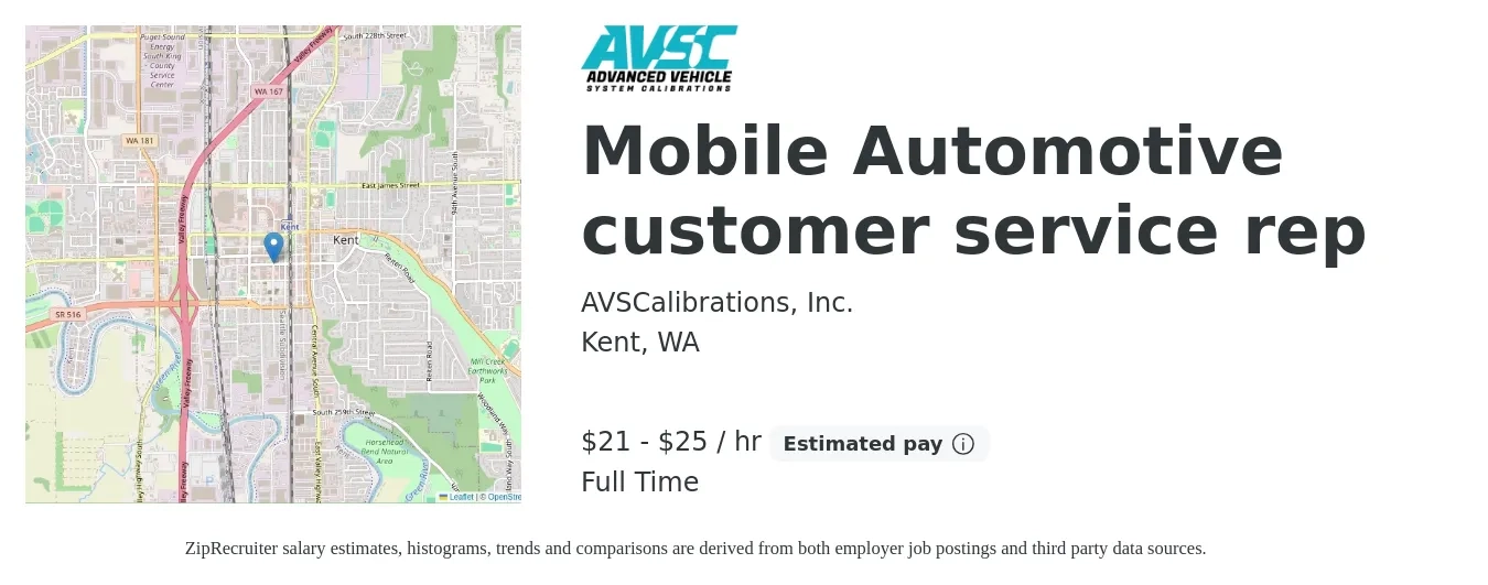 AVSCalibrations, Inc. job posting for a Mobile Automotive customer service rep in Kent, WA with a salary of $45,000 to $58,000 Yearly and benefits including pto with a map of Kent location.