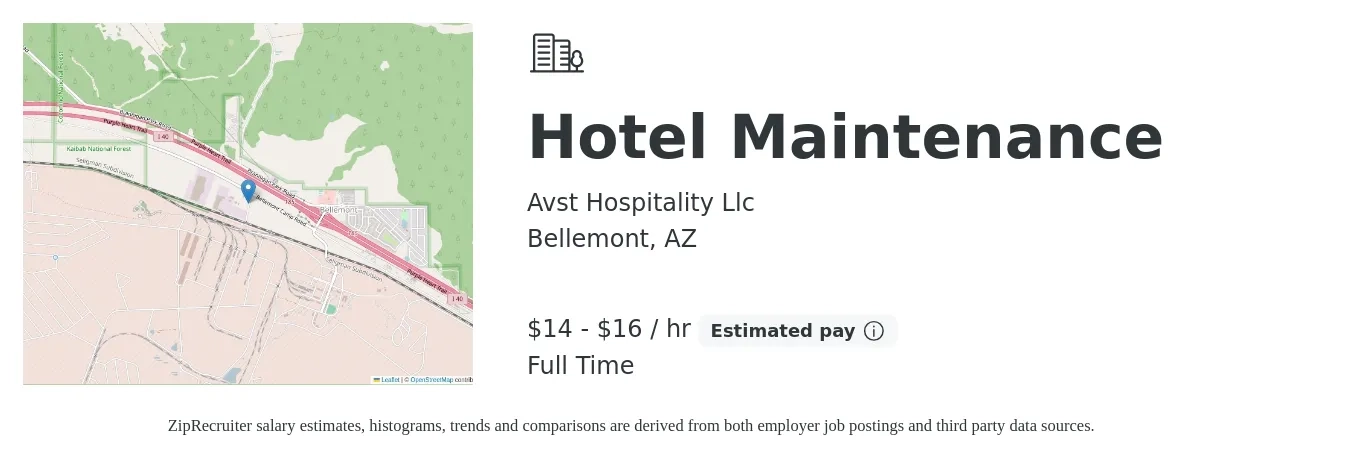 Avst Hospitality Llc job posting for a Hotel Maintenance in Bellemont, AZ with a salary of $15 to $17 Hourly with a map of Bellemont location.