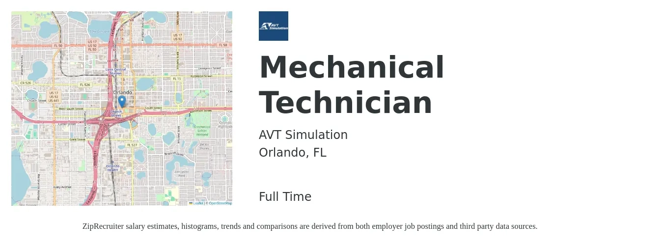 AVT Simulation job posting for a Mechanical Technician in Orlando, FL with a salary of $19 to $27 Hourly with a map of Orlando location.