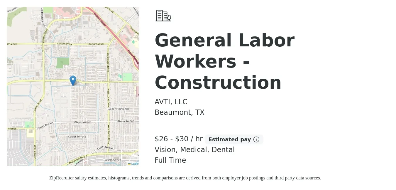 AVTI, LLC job posting for a General Labor Workers - Construction in Beaumont, TX with a salary of $28 to $32 Hourly and benefits including vision, dental, life_insurance, medical, and retirement with a map of Beaumont location.