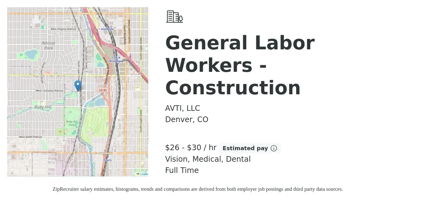 AVTI, LLC job posting for a General Labor Workers - Construction in Denver, CO with a salary of $28 to $32 Hourly and benefits including dental, life_insurance, medical, retirement, and vision with a map of Denver location.