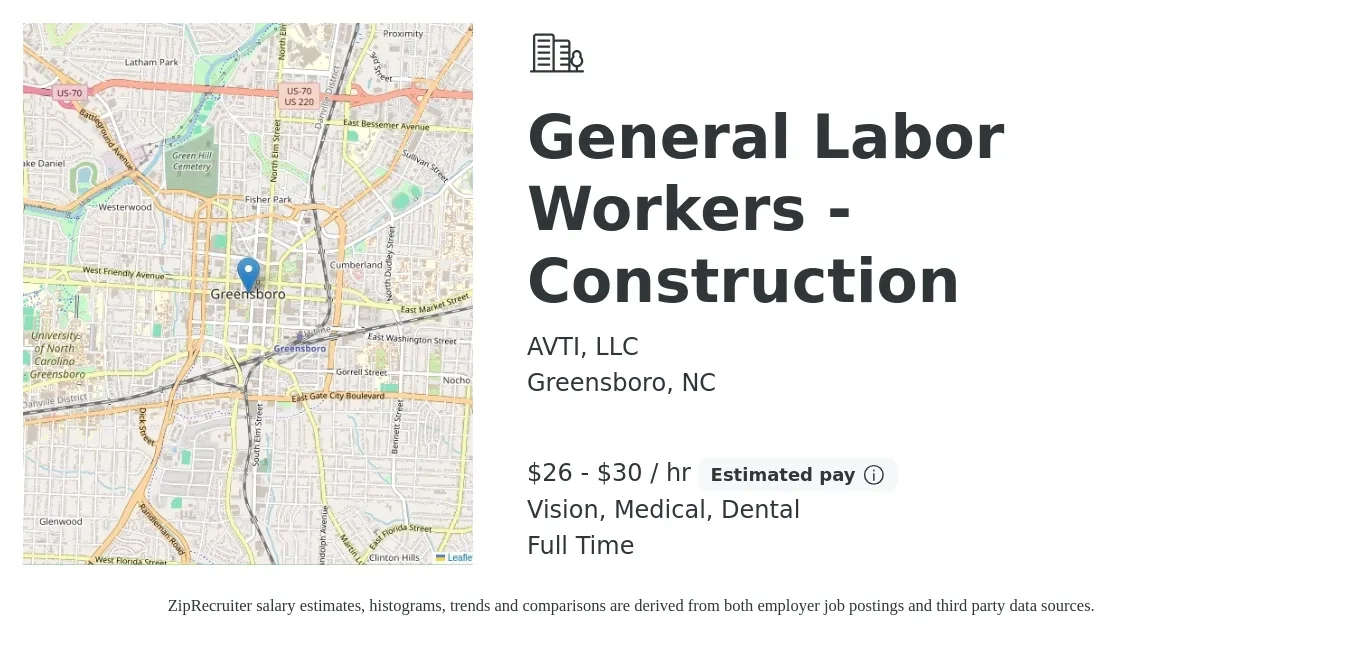AVTI, LLC job posting for a General Labor Workers - Construction in Greensboro, NC with a salary of $28 to $32 Hourly and benefits including dental, life_insurance, medical, retirement, and vision with a map of Greensboro location.