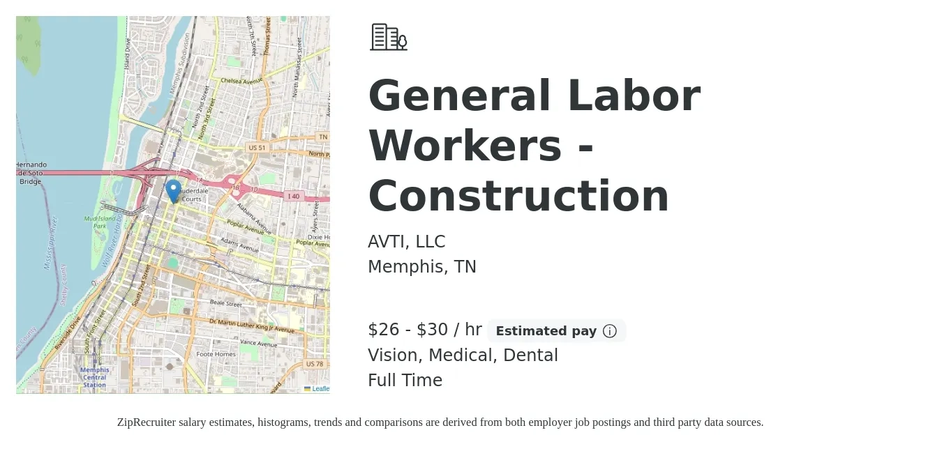 AVTI, LLC job posting for a General Labor Workers - Construction in Memphis, TN with a salary of $28 to $32 Hourly and benefits including vision, dental, life_insurance, medical, and retirement with a map of Memphis location.
