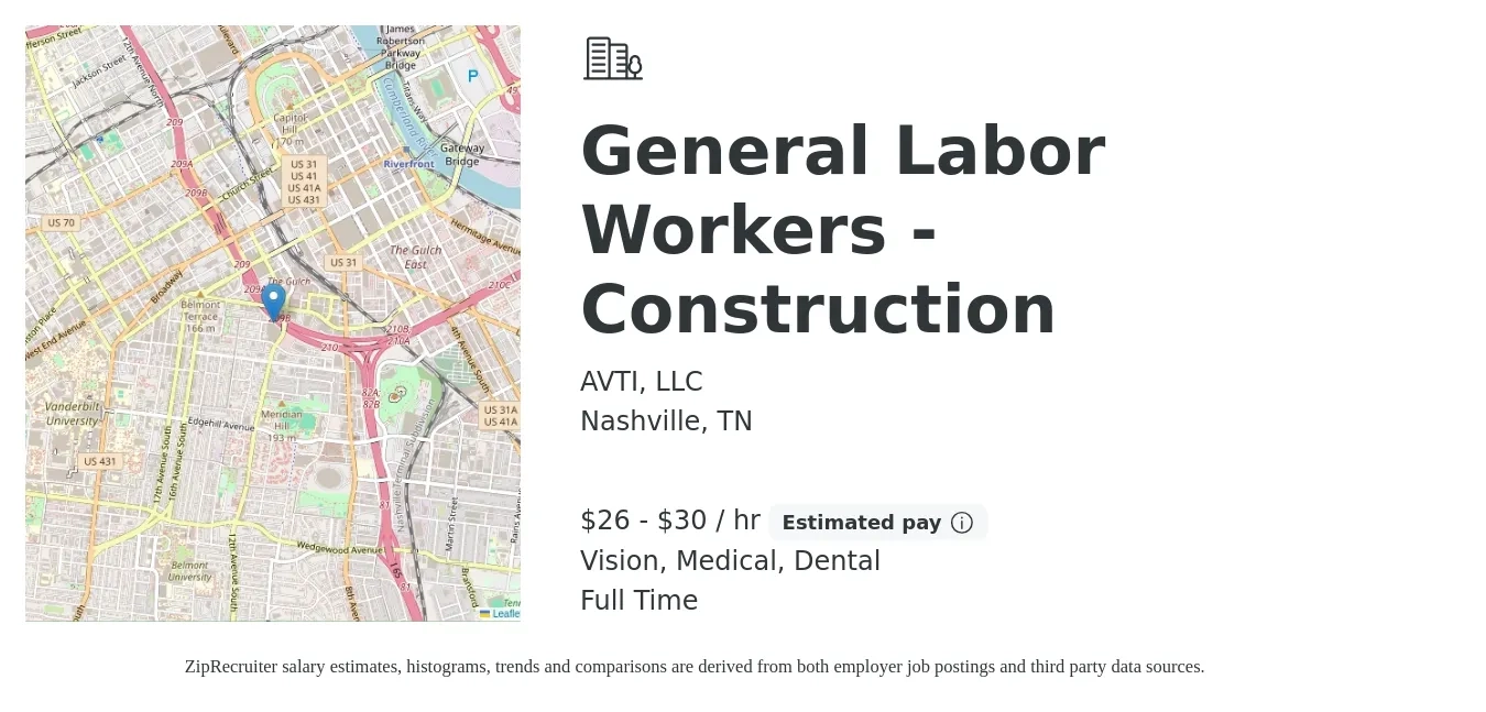 AVTI, LLC job posting for a General Labor Workers - Construction in Nashville, TN with a salary of $28 to $32 Hourly and benefits including life_insurance, medical, retirement, vision, and dental with a map of Nashville location.