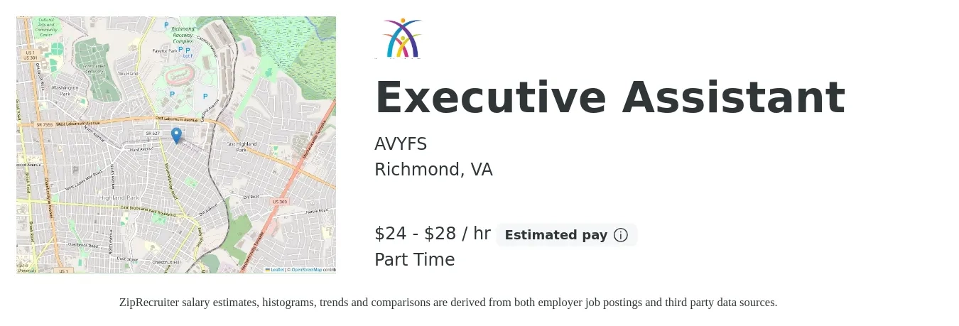 AVYFS job posting for a Executive Assistant in Richmond, VA with a salary of $25 to $30 Hourly with a map of Richmond location.