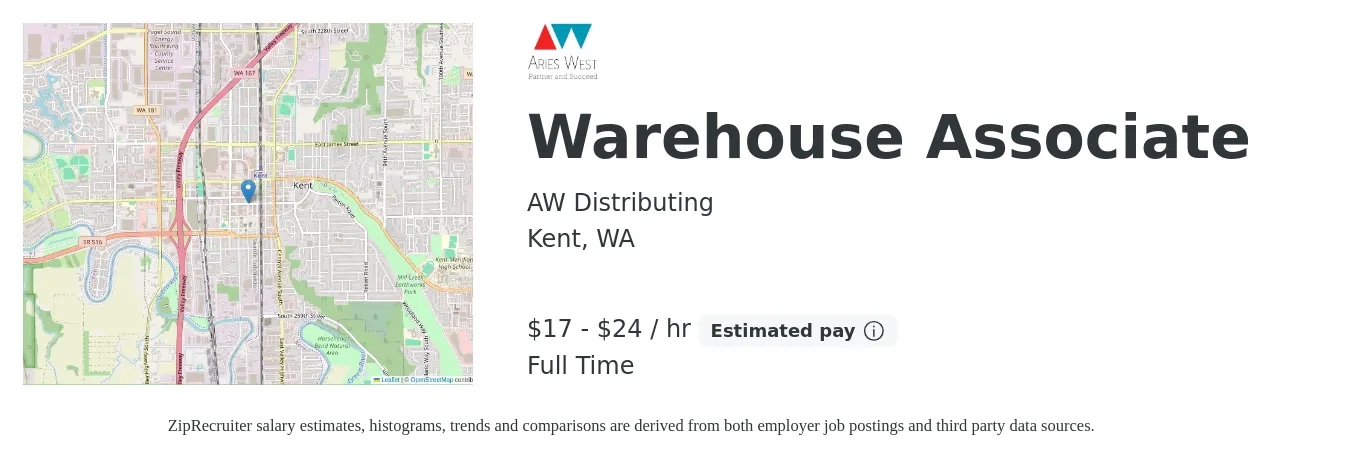 AW Distributing job posting for a Warehouse Associate in Kent, WA with a salary of $18 to $25 Hourly with a map of Kent location.