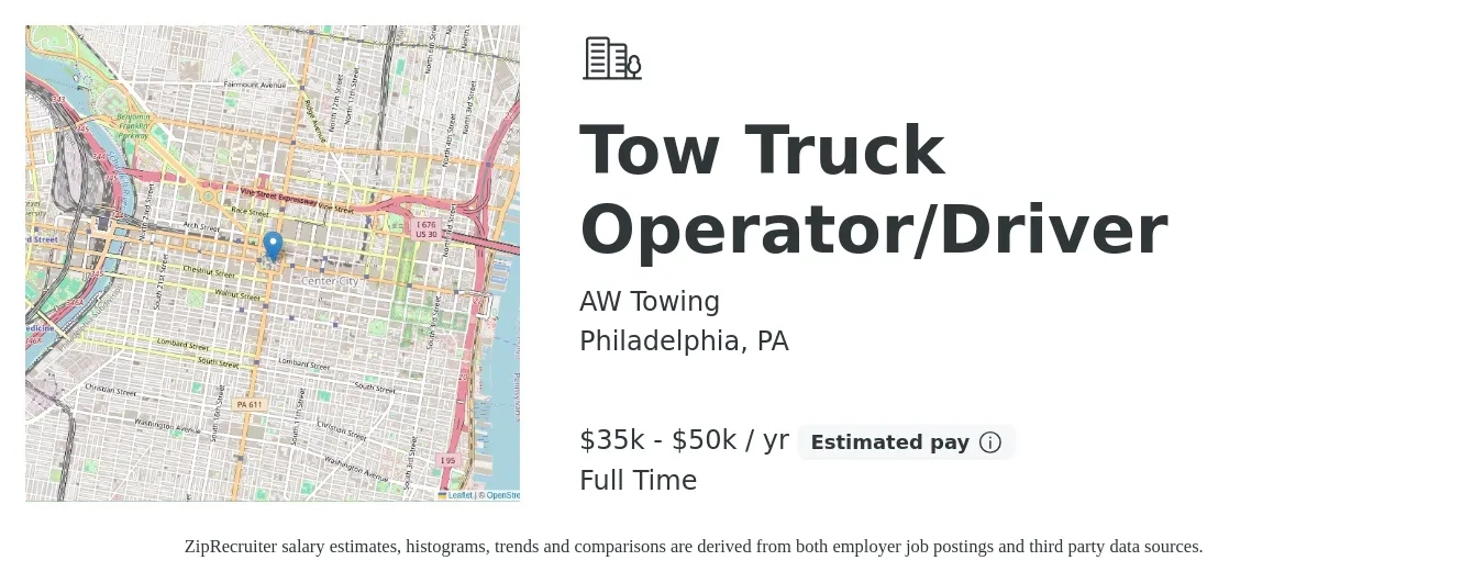 AW Towing job posting for a Tow Truck Operator/Driver in Philadelphia, PA with a salary of $35,000 to $50,000 Yearly (plus commission) with a map of Philadelphia location.