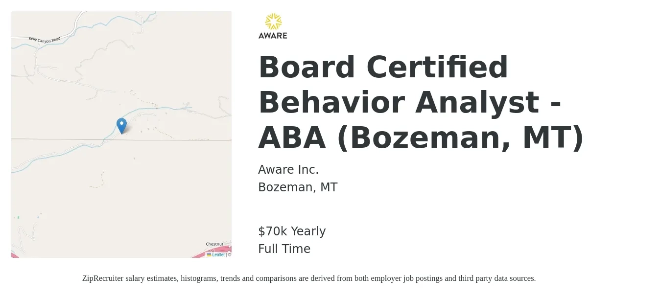 Aware Inc. job posting for a Board Certified Behavior Analyst - ABA (Bozeman, MT) in Bozeman, MT with a salary of $70,000 Yearly with a map of Bozeman location.