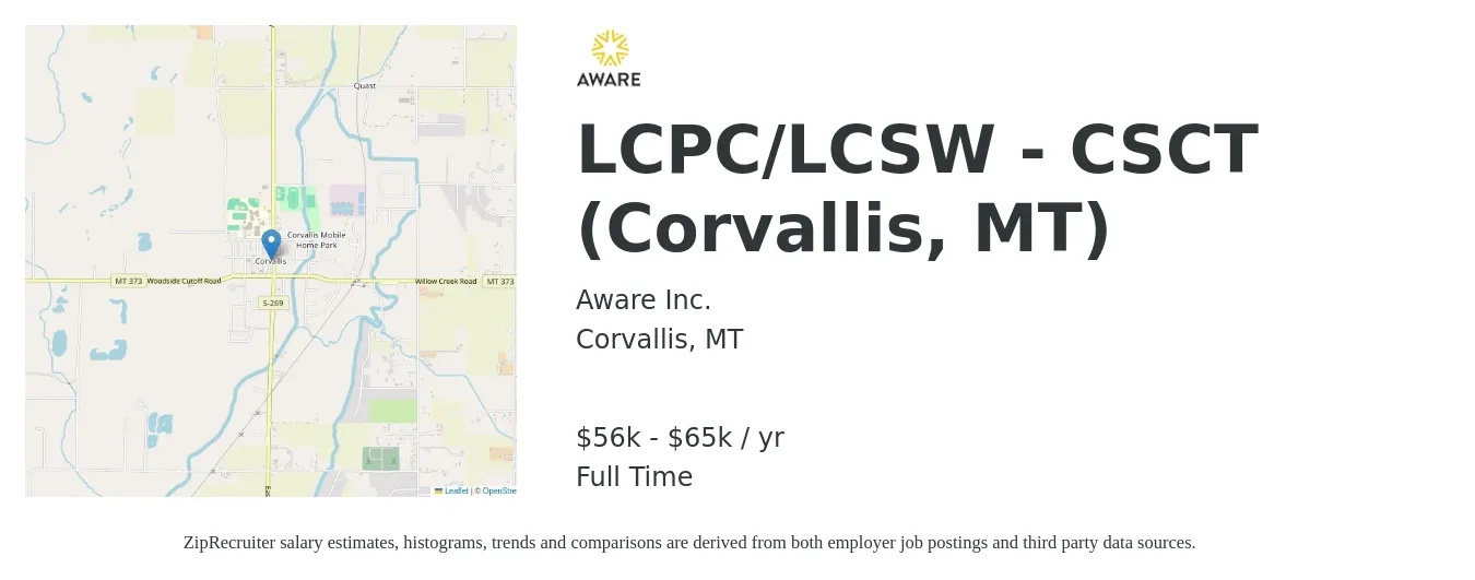 Aware Inc. job posting for a LCPC/LCSW - CSCT (Corvallis, MT) in Corvallis, MT with a salary of $56,500 to $65,500 Yearly with a map of Corvallis location.