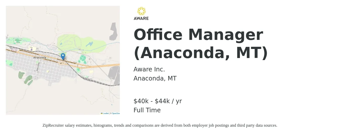 Aware Inc. job posting for a Office Manager (Anaconda, MT) in Anaconda, MT with a salary of $40,000 to $44,000 Yearly with a map of Anaconda location.