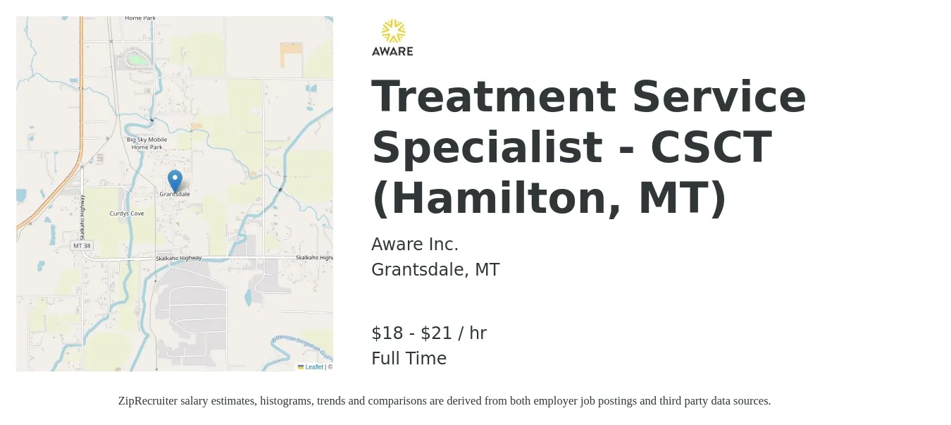Aware Inc. job posting for a Treatment Service Specialist - CSCT (Hamilton, MT) in Grantsdale, MT with a salary of $20 to $22 Hourly with a map of Grantsdale location.