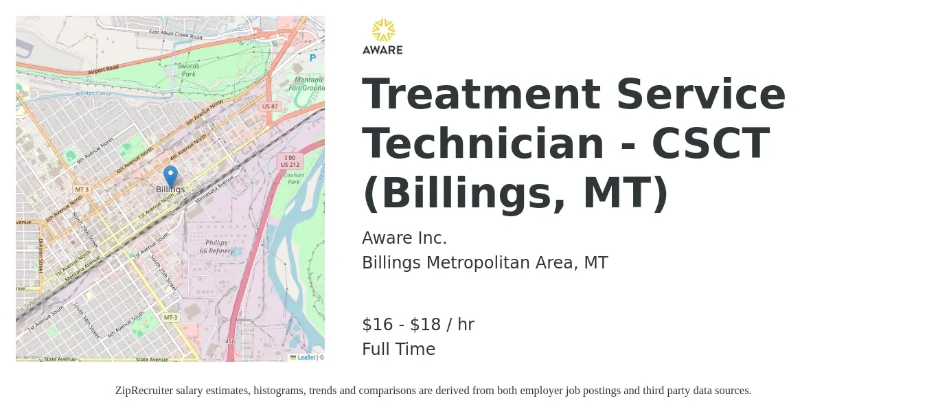 Aware Inc. job posting for a Treatment Service Technician - CSCT (Billings, MT) in Billings Metropolitan Area, MT with a salary of $17 to $19 Hourly with a map of Billings Metropolitan Area location.