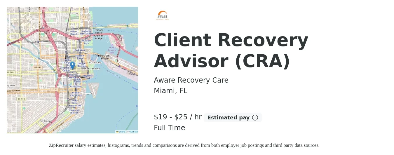 Aware Recovery Care job posting for a Client Recovery Advisor (CRA) in Miami, FL with a salary of $20 to $26 Hourly with a map of Miami location.