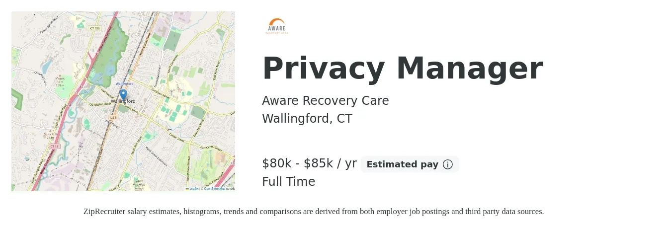 Aware Recovery Care job posting for a Privacy Manager in Wallingford, CT with a salary of $80,000 to $85,000 Yearly with a map of Wallingford location.