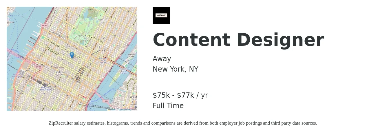 Away job posting for a Content Designer in New York, NY with a salary of $75,000 to $77,000 Yearly with a map of New York location.