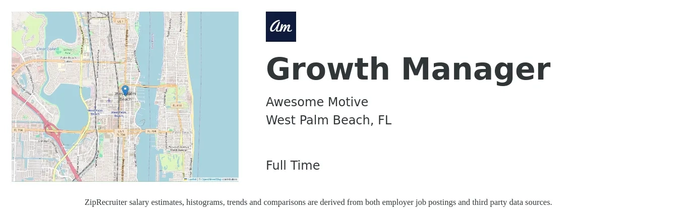 Awesome Motive job posting for a Growth Manager in West Palm Beach, FL with a salary of $43,500 to $66,700 Yearly with a map of West Palm Beach location.