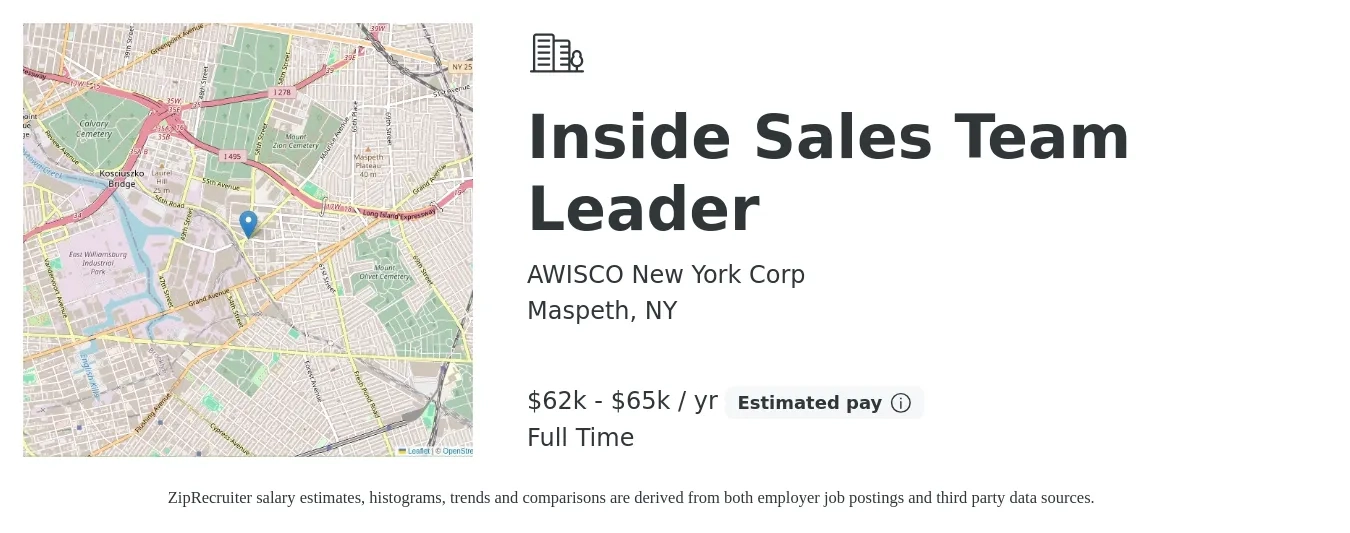 AWISCO New York Corp job posting for a Inside Sales Team Leader in Maspeth, NY with a salary of $62,000 to $65,000 Yearly with a map of Maspeth location.