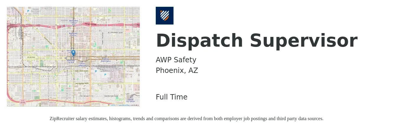 AWP Safety job posting for a Dispatch Supervisor in Phoenix, AZ with a salary of $48,700 to $71,000 Yearly with a map of Phoenix location.