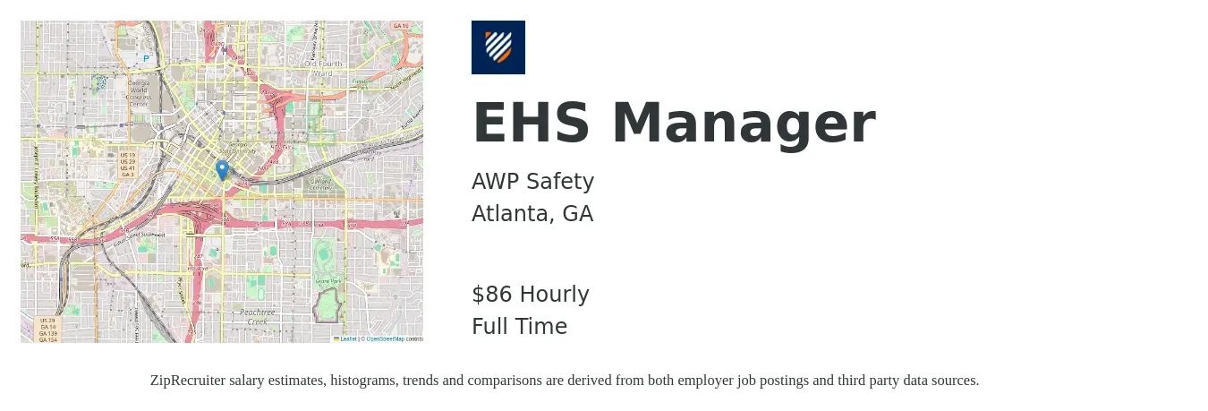 AWP Safety job posting for a EHS Manager in Atlanta, GA with a salary of $90 Hourly with a map of Atlanta location.
