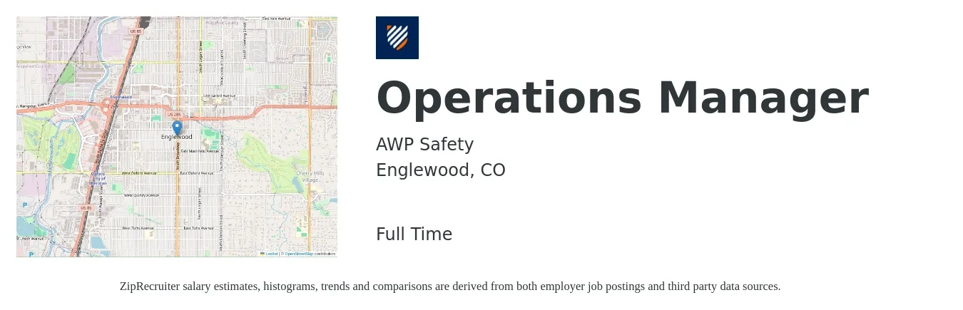 AWP Safety job posting for a Operations Manager in Englewood, CO with a salary of $40,500 to $76,500 Yearly with a map of Englewood location.