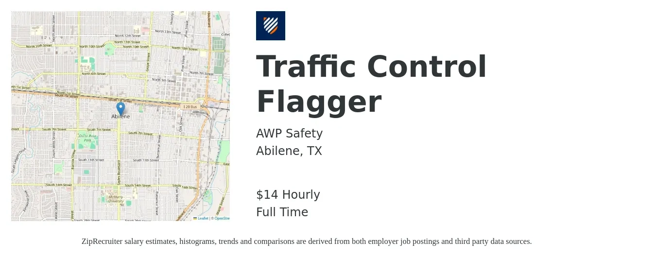 AWP Safety job posting for a Traffic Control Flagger in Abilene, TX with a salary of $15 Hourly with a map of Abilene location.