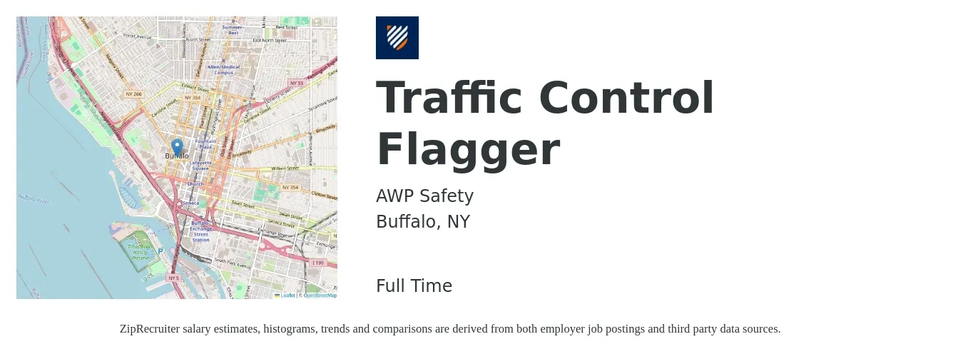 AWP Safety job posting for a Traffic Control Flagger in Buffalo, NY with a salary of $17 to $18 Hourly with a map of Buffalo location.