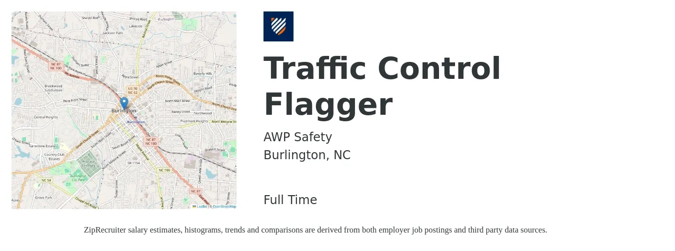 AWP Safety job posting for a Traffic Control Flagger in Burlington, NC with a salary of $16 Hourly with a map of Burlington location.