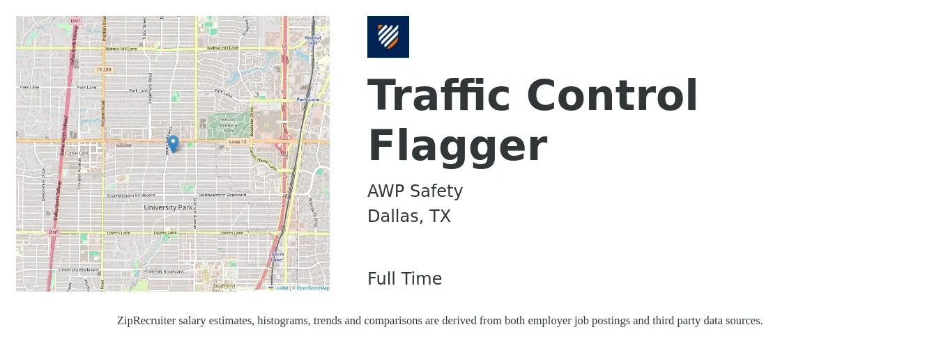 AWP Safety job posting for a Traffic Control Flagger in Dallas, TX with a salary of $16 Hourly with a map of Dallas location.