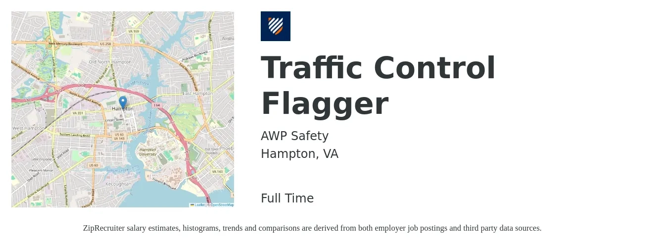 AWP Safety job posting for a Traffic Control Flagger in Hampton, VA with a salary of $15 Hourly with a map of Hampton location.