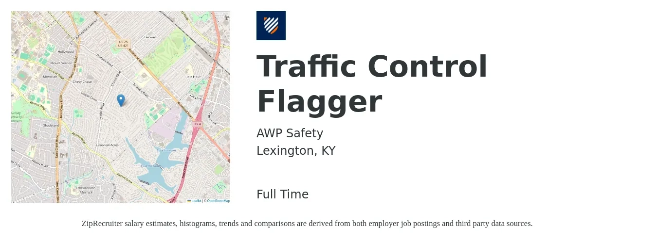 AWP Safety job posting for a Traffic Control Flagger in Lexington, KY with a salary of $15 Hourly with a map of Lexington location.