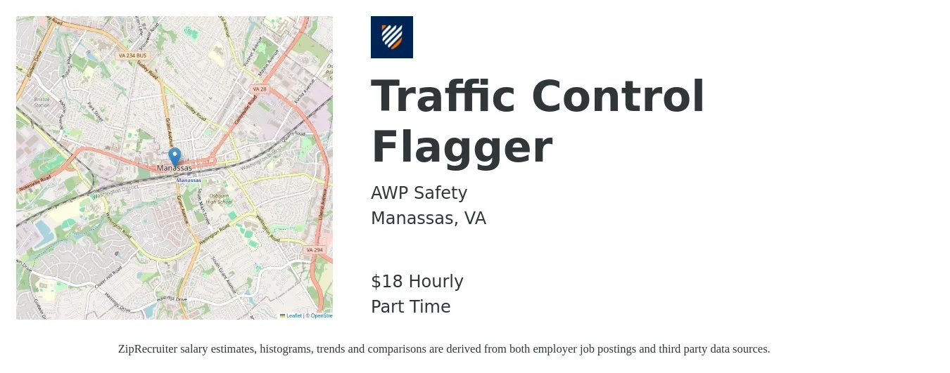 AWP Safety job posting for a Traffic Control Flagger in Manassas, VA with a salary of $18 Hourly with a map of Manassas location.