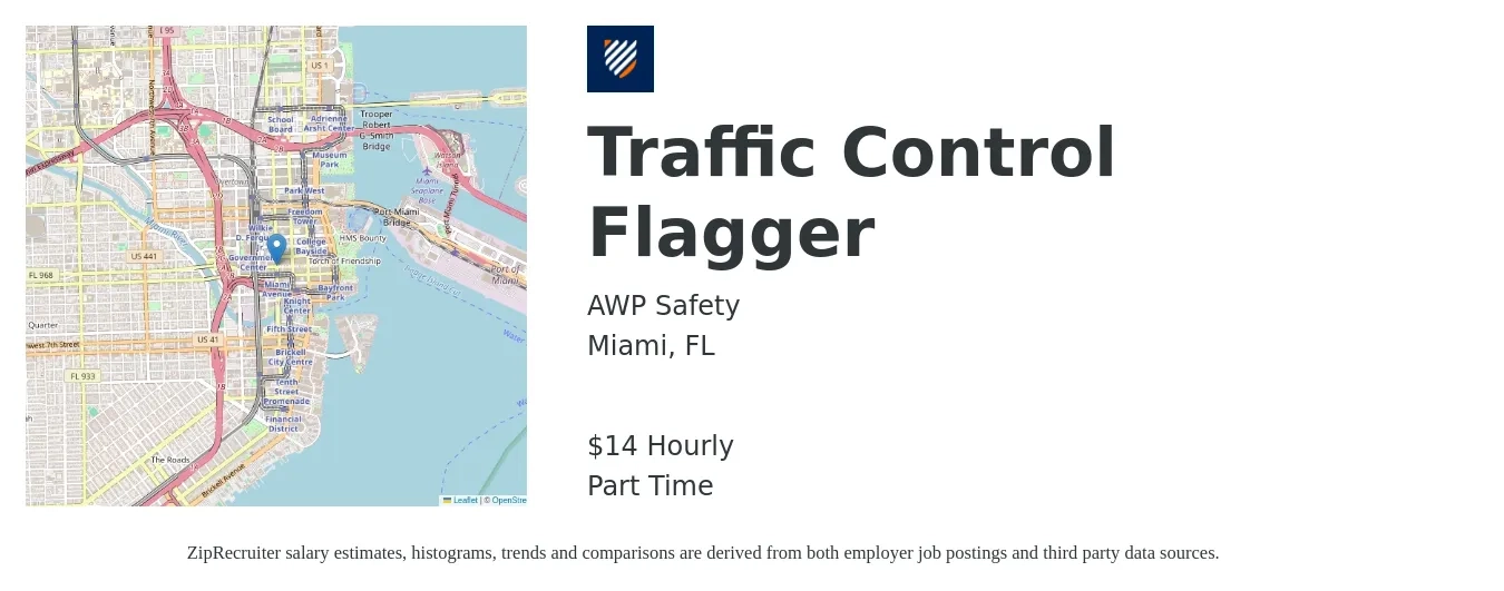 AWP Safety job posting for a Traffic Control Flagger in Miami, FL with a salary of $16 Hourly with a map of Miami location.