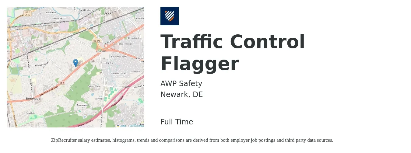 AWP Safety job posting for a Traffic Control Flagger in Newark, DE with a salary of $16 Hourly with a map of Newark location.