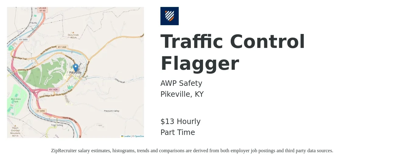 AWP Safety job posting for a Traffic Control Flagger in Pikeville, KY with a salary of $14 Hourly with a map of Pikeville location.