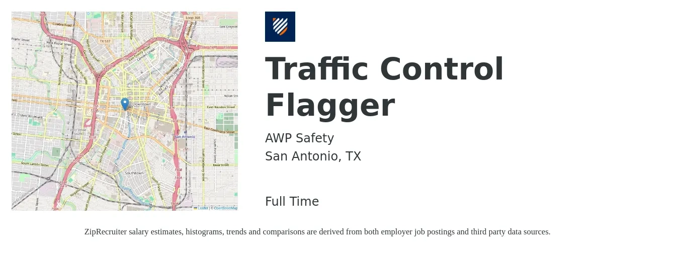 AWP Safety job posting for a Traffic Control Flagger in San Antonio, TX with a salary of $16 Hourly with a map of San Antonio location.