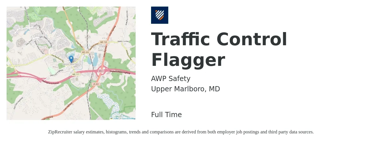AWP Safety job posting for a Traffic Control Flagger in Upper Marlboro, MD with a salary of $18 Hourly with a map of Upper Marlboro location.
