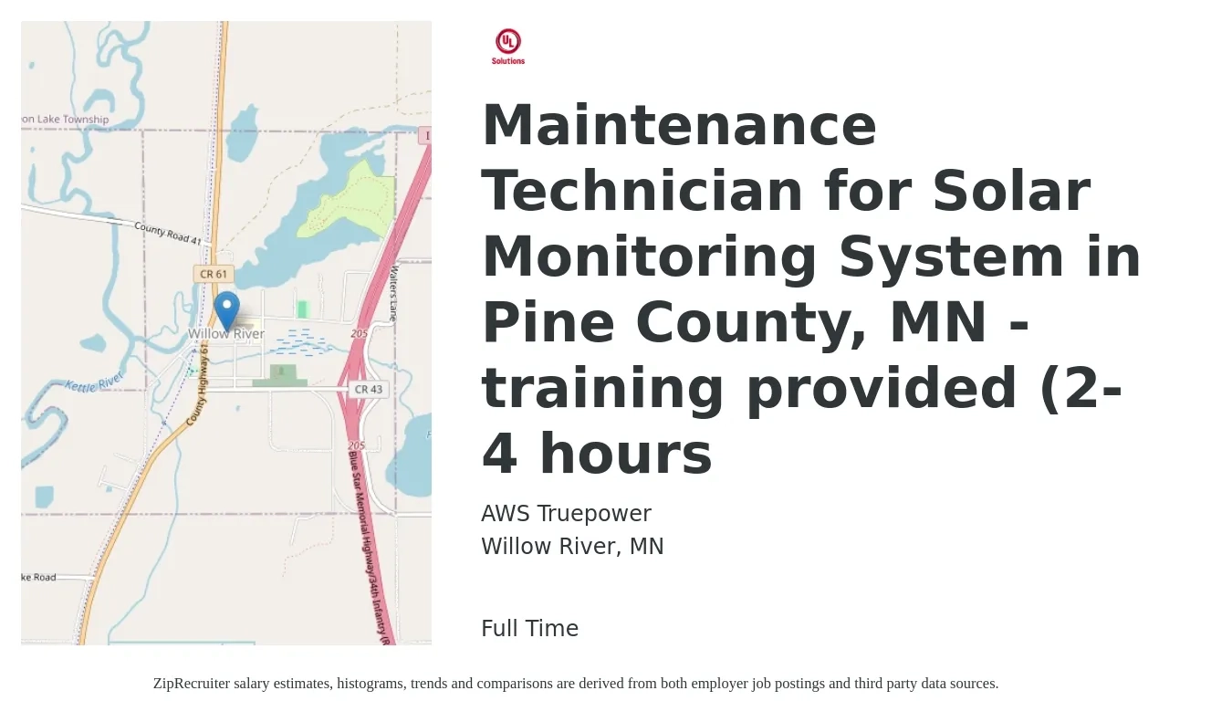 AWS Truepower job posting for a Maintenance Technician for Solar Monitoring System in Pine County, MN - training provided (2-4 hours in Willow River, MN with a salary of $150 Hourly with a map of Willow River location.