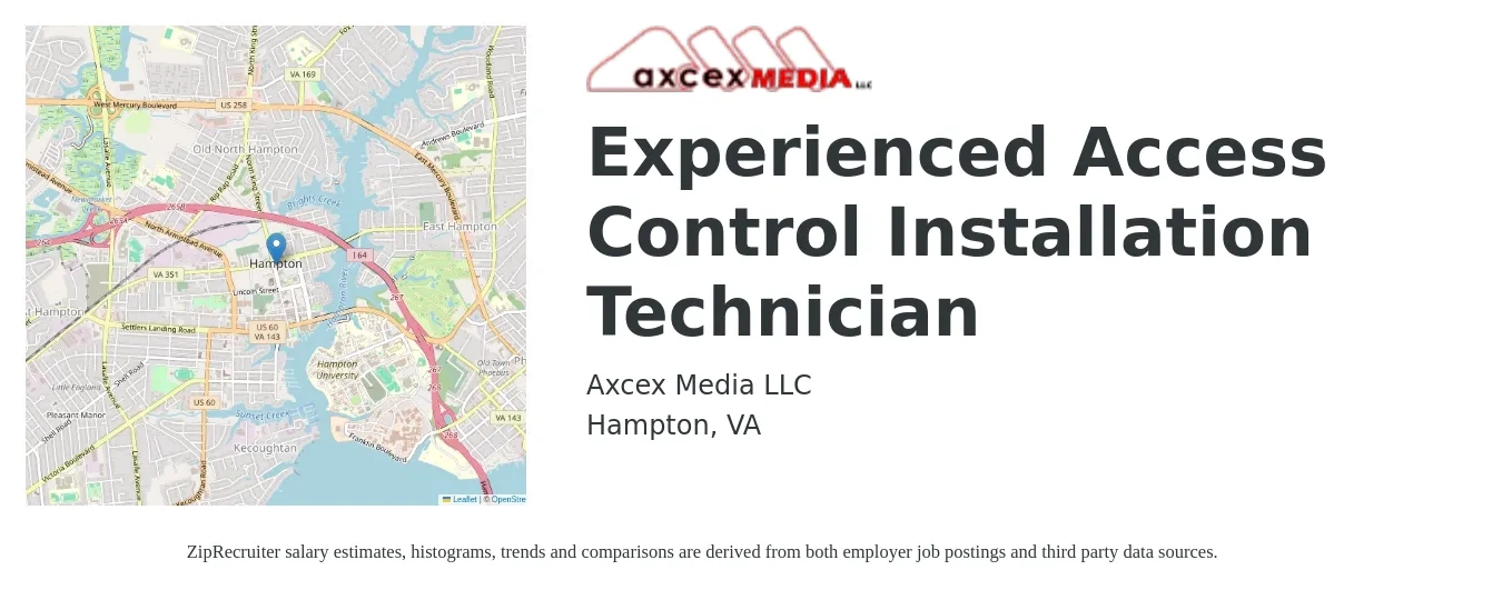 Axcex Media LLC job posting for a Experienced Access Control Installation Technician in Hampton, VA with a salary of $18 to $24 Hourly with a map of Hampton location.