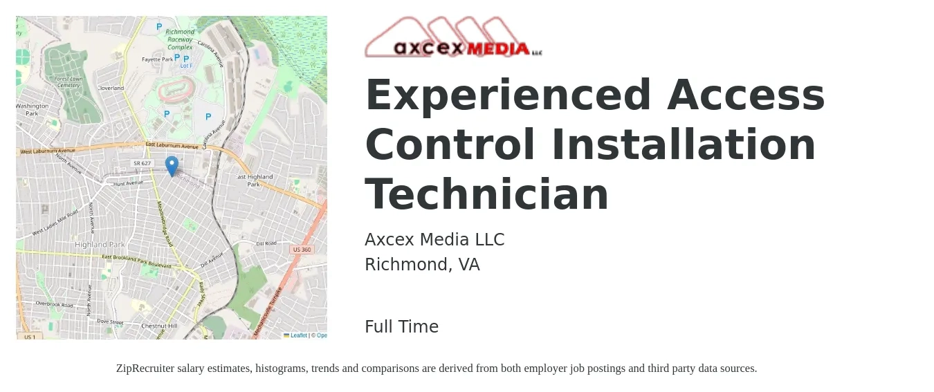 Axcex Media LLC job posting for a Experienced Access Control Installation Technician in Richmond, VA with a salary of $50,100 to $57,000 Yearly with a map of Richmond location.