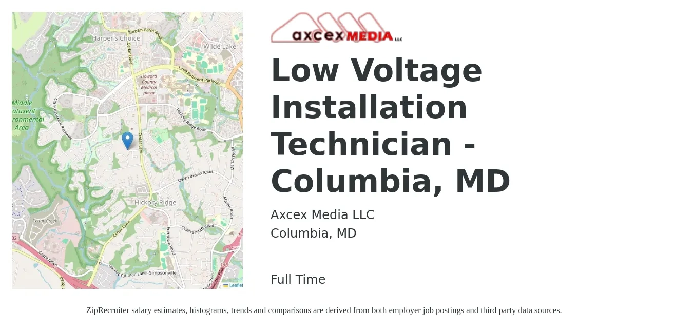 Axcex Media LLC job posting for a Low Voltage Installation Technician - Columbia, MD in Columbia, MD with a salary of $23 to $30 Hourly with a map of Columbia location.