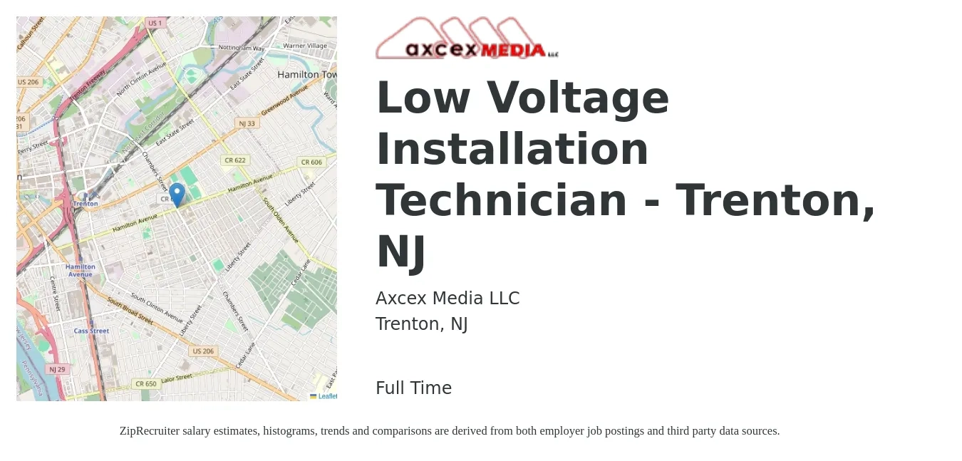 Axcex Media LLC job posting for a Low Voltage Installation Technician - Trenton, NJ in Trenton, NJ with a salary of $20 to $30 Hourly with a map of Trenton location.