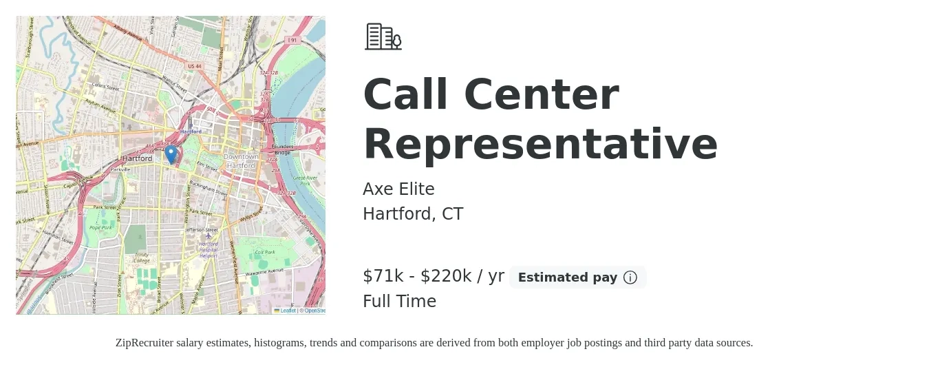 Axe Elite job posting for a Call Center Representative in Hartford, CT with a salary of $71,000 to $220,000 Yearly with a map of Hartford location.